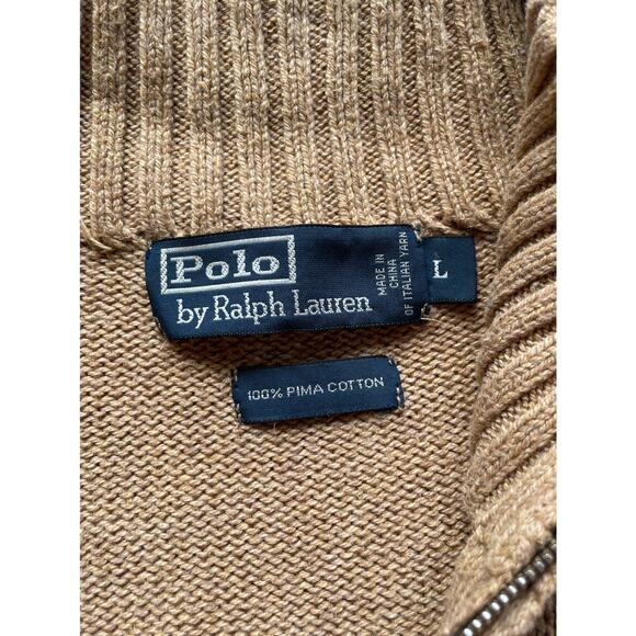Men's Ralph Lauren Tan Knit Quarter Zip Sweater Pima Cotton Size Large - Picture 2 of 4